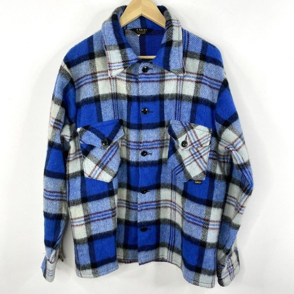 VTG 70's LWL Sport Chief Wool Thick Shirt Jacket Shacket Blue Plaid Mens Medium - Picture 1 of 4